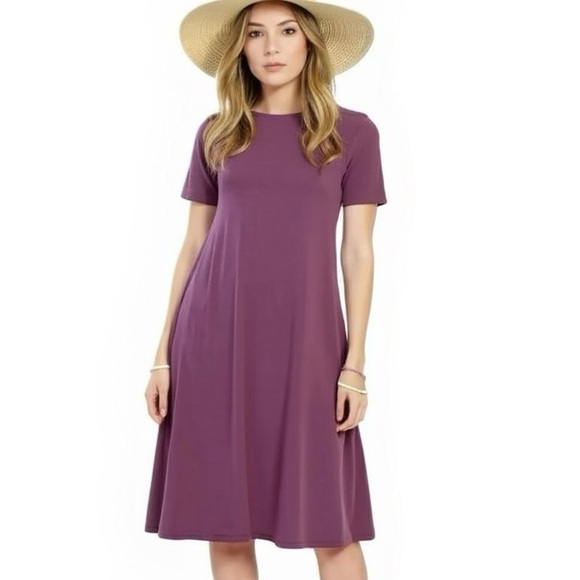 Zenana Outfitters Dresses & Skirts - New Zenana Casual Travelers Dress Women's Size L Flare Short Sleeve Eggplant